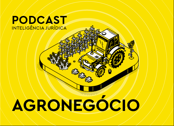 Arte representando cenário agrícola, com plantações e trator.