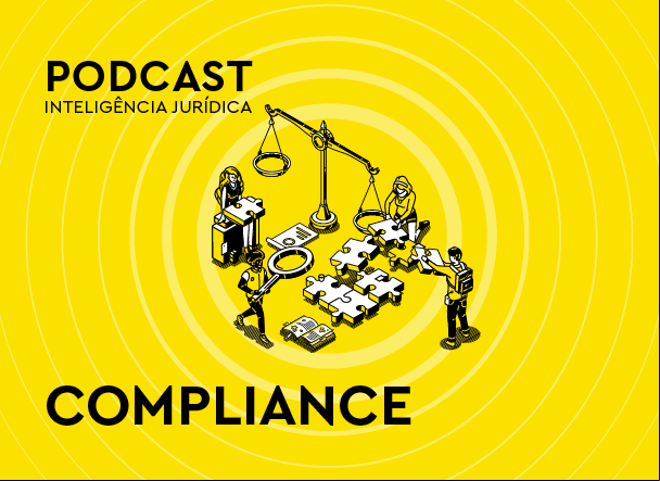 Ilustração de balança da justiça, ao lado de várias peças de quebra-cabeça e pessoas. Na parte inferior, texto com os dizeres: "Compliance"
