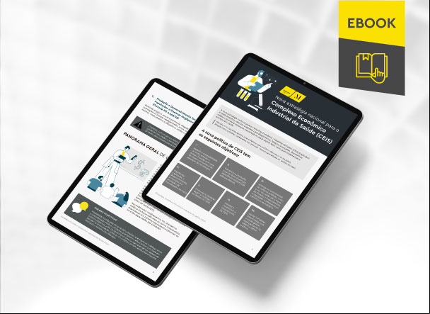 Mockup ilustrativo de dois tablets, um acima do outro, com imagens do conteúdo interno do e-book. No canto superior direito, faixa descritiva nas cores amarelo e cinza, com o nome "e-book" escrito