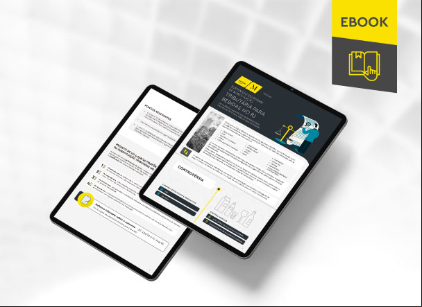 Mockup ilustrativo de dois tablets, um acima do outro, com imagens do conteúdo interno do e-book. No canto superior direito, faixa descritiva nas cores amarelo e cinza, com o nome 