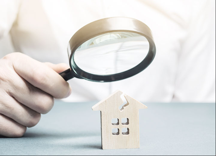Um homem com uma lupa olha uma casa com uma rachadura