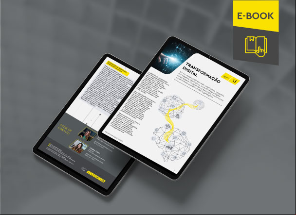 Mockup ilustrativo de dois tablets, um acima do outro, com imagens do conteúdo interno do e-book. No canto superior direito, faixa descritiva nas cores amarelo e cinza, com o nome "e-book" escrito