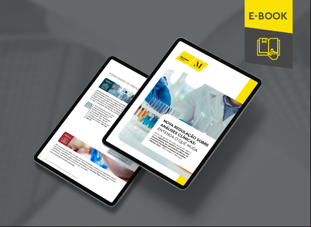 Mockup ilustrativo de dois tablets, um acima do outro, com imagens do conteúdo interno do e-book. No canto superior direito, faixa descritiva nas cores amarelo e cinza, com o nome "e-book" escrito