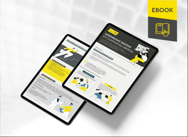 Mockup ilustrativo de dois tablets, um acima do outro, com imagens do conteúdo interno do e-book. No canto superior direito, faixa descritiva nas cores amarelo e cinza, com o nome "e-book" escrito