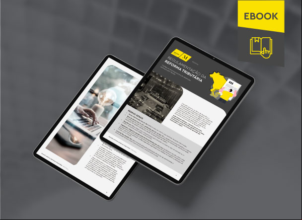 Mockup ilustrativo de dois tablets, um acima do outro, com imagens do conteúdo interno do e-book. No canto superior direito, faixa descritiva nas cores amarelo e cinza, com o nome "e-book" escrito