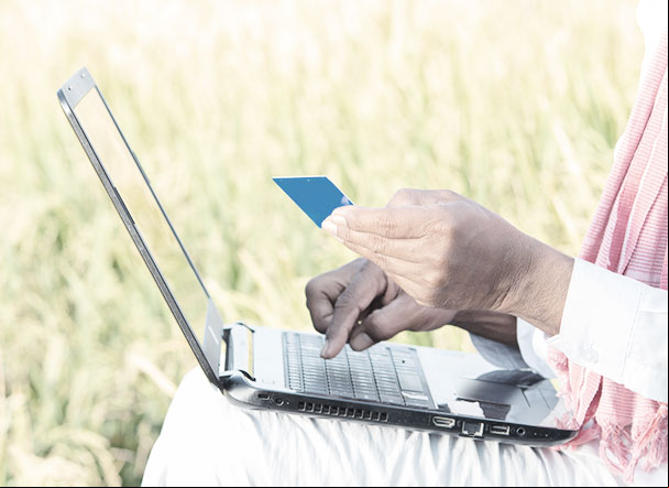 Agricultor sentado próximo de sua plantação, usando roupa branca, usando notebook para fazer pagamento online com cartão de crédito
