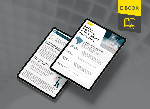 Mockup ilustrativo de dois tablets, um acima do outro, com imagens do conteúdo interno do e-book. No canto superior direito, faixa descritiva nas cores amarelo e cinza, com o nome "e-book" escrito