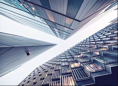 Lower view of the mirrored building