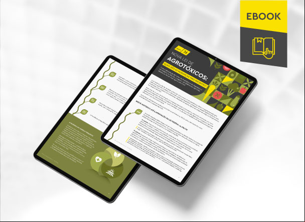 Mockup ilustrativo de dois tablets, um acima do outro, com imagens do conteúdo interno do e-book. No canto superior direito, faixa descritiva nas cores amarelo e cinza, com o nome "e-book" escrito