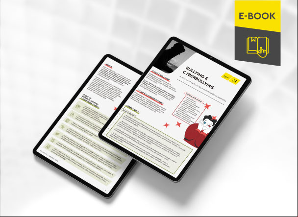 Mockup ilustrativo de dois tablets, um acima do outro, com imagens do conteúdo interno do e-book. No canto superior direito, faixa descritiva nas cores amarelo e cinza, com o nome "e-book" escrito