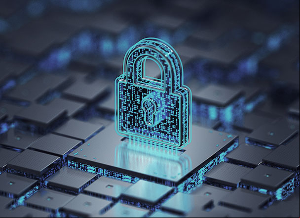 Ilustração gráfica de cadeado de criptografia em cima de teclado com teclas pretas e luzes azuis