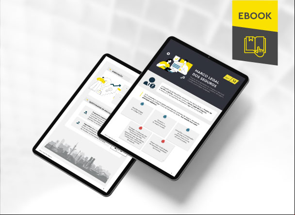 Mockup ilustrativo de dois tablets, um acima do outro, com imagens do conteúdo interno do e-book. No canto superior direito, faixa descritiva nas cores amarelo e cinza, com o nome "e-book" escrito