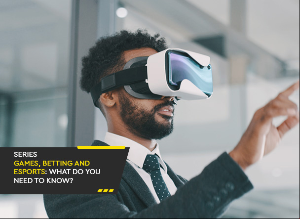 Man with a beard, black suit, black tie with white dots, and white shirt, wearing virtual reality glasses. In the bottom left corner, there is a black banner with the words: "Gaming, Gambling, and Esports Law Series: What You Need to Know?