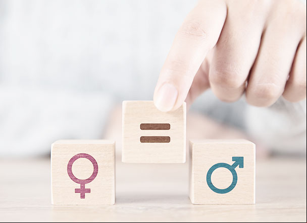 Illustration of three small wooden blocks. From left to right, the blocks are stamped with: the female gender symbol, the equal sign and the male gender symbol.