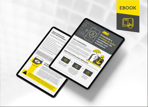Mockup ilustrativo de dois tablets, um acima do outro, com imagens do conteúdo interno do e-book. No canto superior direito, faixa descritiva nas cores amarelo e cinza, com o nome "e-book" escrito