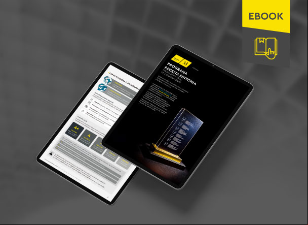 Mockup ilustrativo de dois tablets, um acima do outro, com imagens do conteúdo interno do e-book. No canto superior direito, faixa descritiva nas cores amarelo e cinza, com o nome 